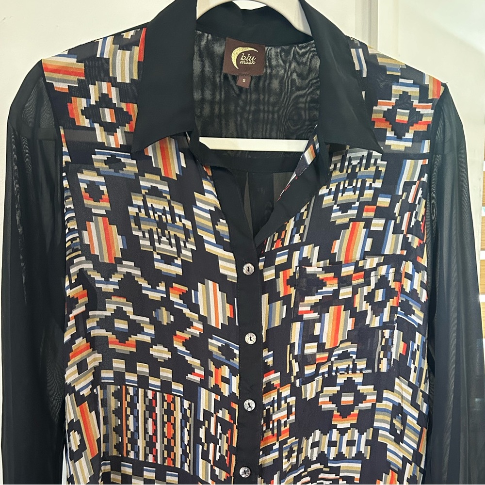 Sheer Aztec-print loose-fit Blu Moon black & multicolor blouse